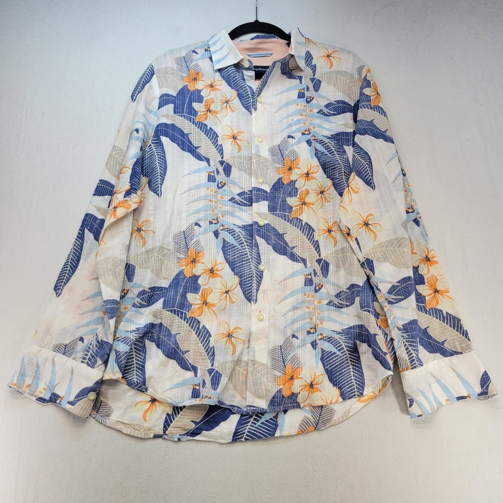 Tommy Bahama Shirt Mens Large White Blue Floral Linen Cotton Long Sleeve